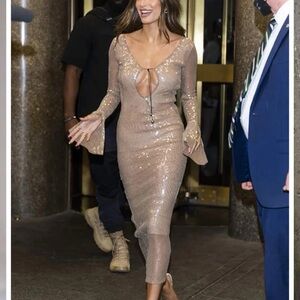 Elegant Sequin Long Sleeve Dress in Tan